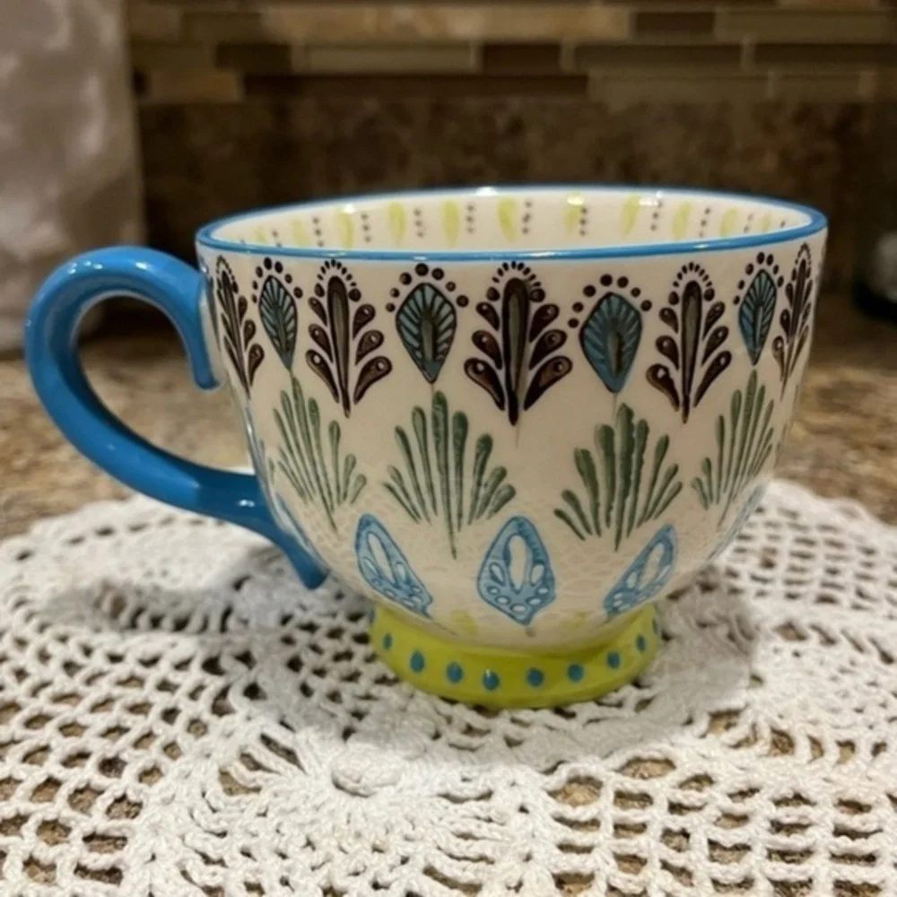 Pier 1 Imports Blue Peacock Hand Painted Stoneware Mug